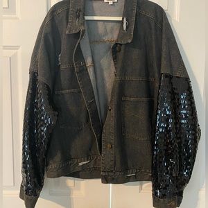 Black stonewash distressed Jean Jacket with sequins sleeves. 3x